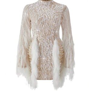 SHEIN White and Cream Long Sleeve Sequin party Dress with feathers. Gatsby style